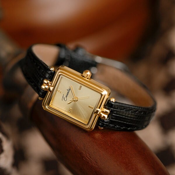 Vintage Watch With Rectangular Gold Dial For Women